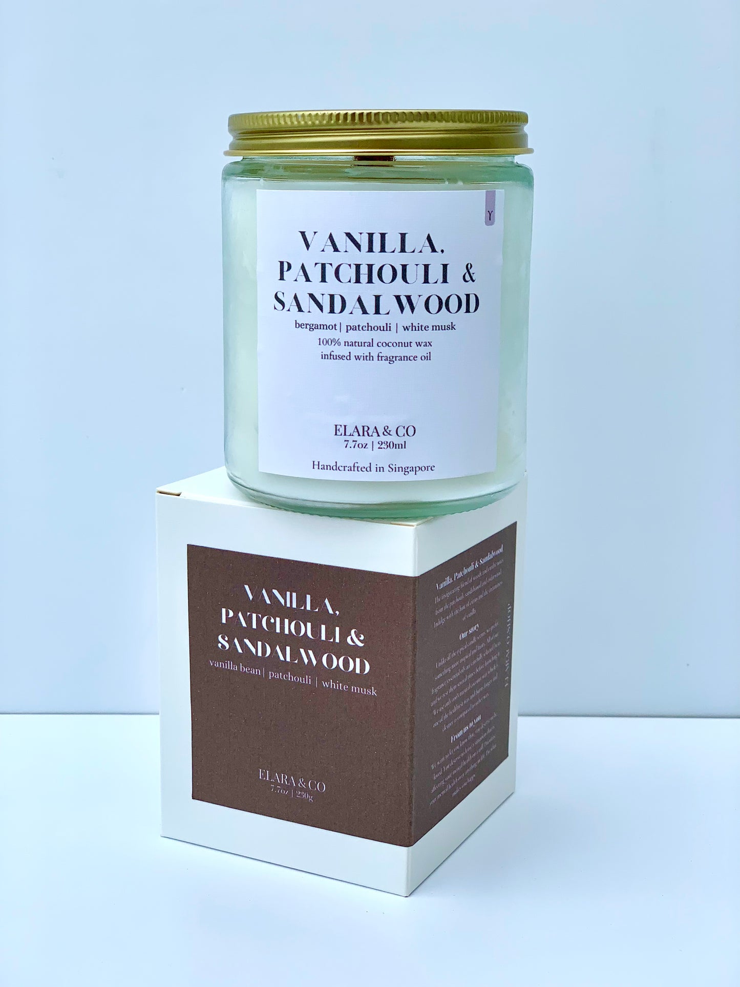 [Elara & Co] Vanilla, Patchouli and Sandalwood Scented Candle - White musk | Bergamot | Patchouli